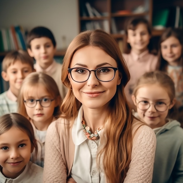 Leraar basisschool poseert met haar leerlingen voor de camera