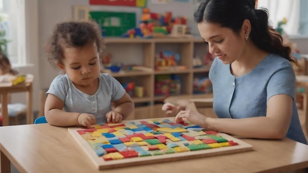 Leraar en peuter spelen met wiskunde puzzelspel op tafel in de kleuterschool