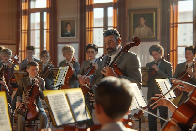 Foto leraar en studenten in de muziekles