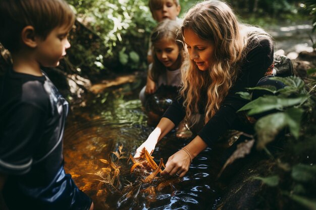 Foto leraar en studenten onderzoeken watermonsters