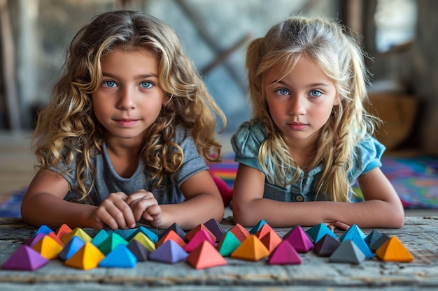 Foto leraar laat kinderen afbeeldingen met geometrische vormen zien