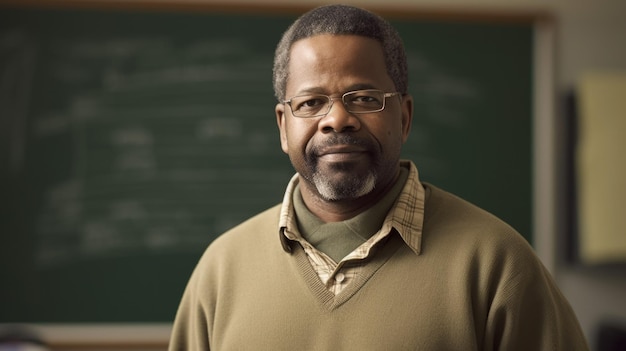 Leraar Man Afro-Amerikaans Middelbare leeftijd Staande voor een klaslokaal met een krijtbord in Binnenklaslokaal Generatieve AI AIG22