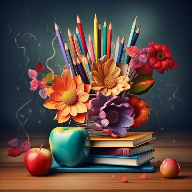 Leraarsdag achtergrond bloem appel boeken potlood licht pen pen stand educatieve elementen