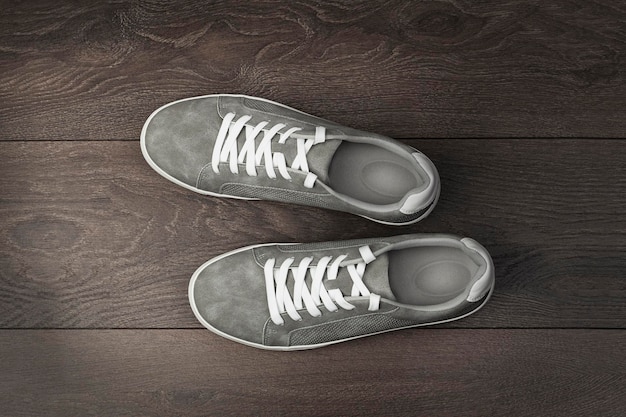 Leren grijze kleur herensneakers met witte veter en rubberen zolen geïsoleerd op houten bruine vloer