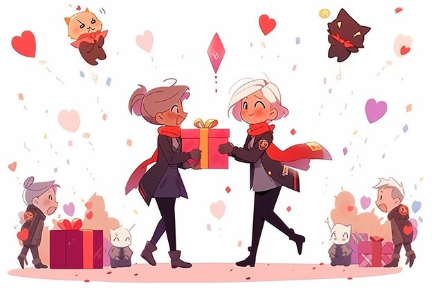 Лесбиянская пара аниме на падающем конфетти на белом фоне