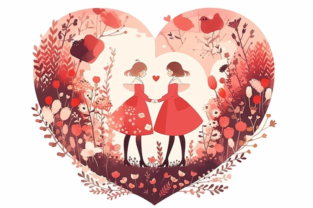 Lesbian Anime couple inside floral heart illustration valentine romantic background