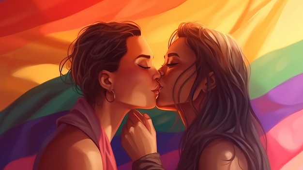 Lesbian Cople kissing LGBT flag background Generative Ai