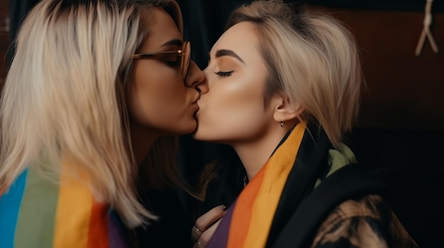 Lesbian Cople kissing LGBT flag background Generative Ai