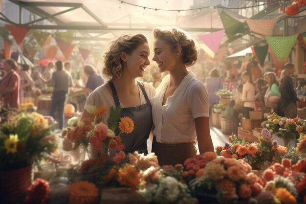 Lesbian couple exploring a lively farmers market Generative ai