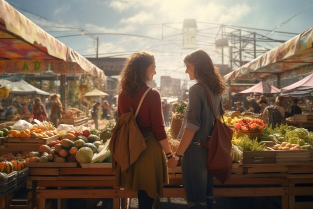 Lesbian couple exploring a lively farmers market Generative ai