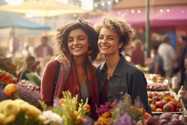 Lesbian couple exploring a lively farmers market Generative ai