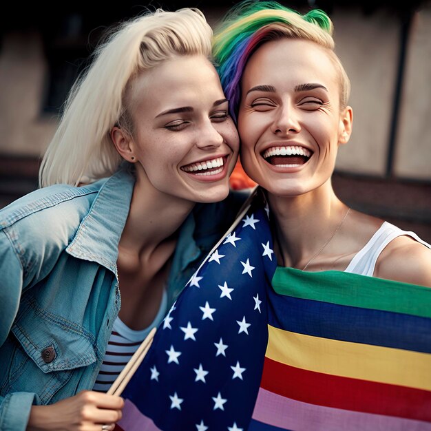 A lesbian couple holding a lgbt flag while laughing with their eyes closed outdoors Generative AI