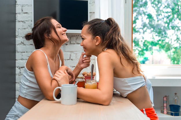 Lesbian couple at home