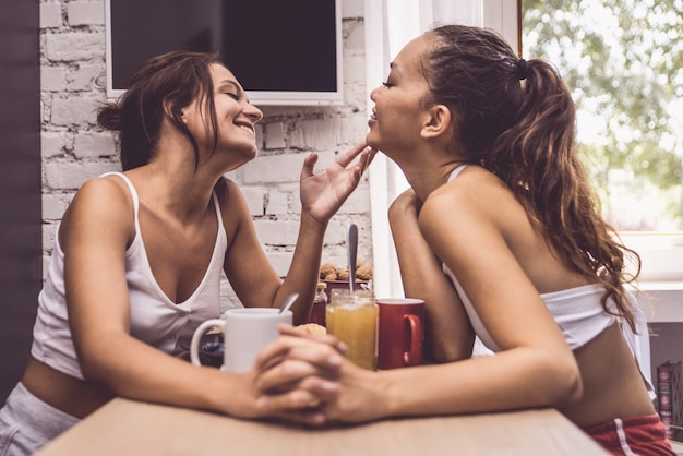 Lesbian couple at home