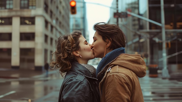 Lesbian couple kissing in city close up