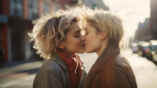 Photo lesbian couple kissing on a city street at sunset