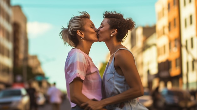 Photo lesbian couple kissing in city