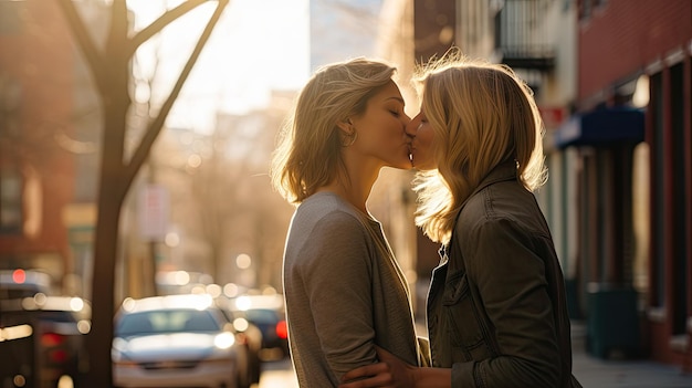 Photo lesbian couple kissing during a romantic date at sunset on the streets of madrid