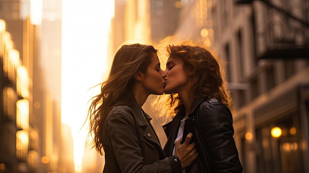 Photo lesbian couple kissing during a romantic date at sunset on the streets of madrid