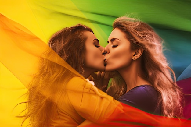 Lesbian couple kissing on lgbt flag background pride day generated by ai