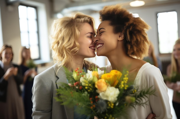 Lesbian couple kissing for the marriage Together forever loving happy lesbian couple in a wedding day Loving lesbian couple