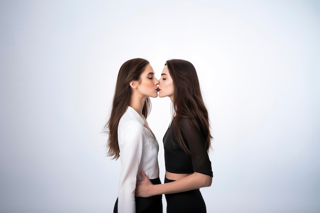 Лесбиянская пара, очень влюбленная, целует друг друга.