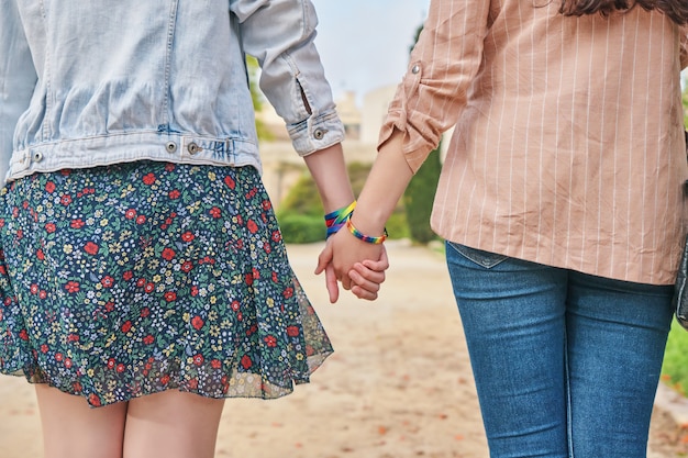 Lesbian couple walking hand in hand in the park