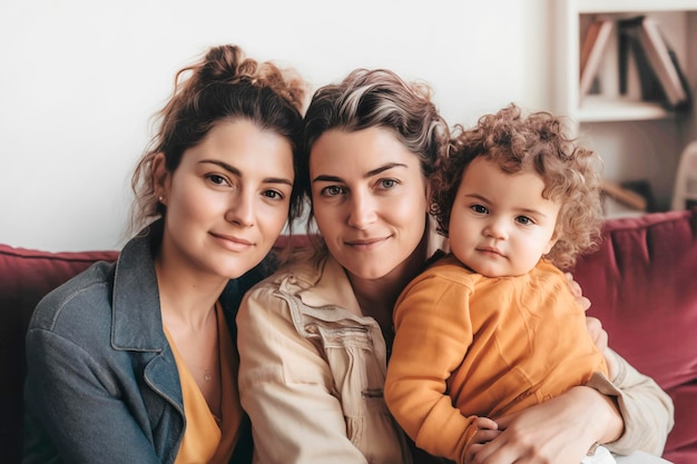 Lesbian couple with a child sitting on the sofa Adopted children concept generative AI