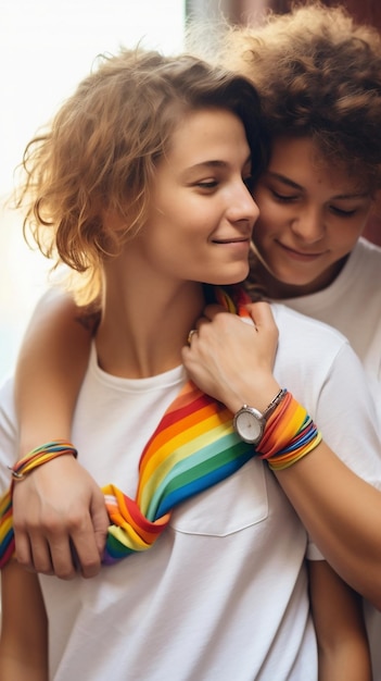 Foto coppia lesbica con braccialetto arcobaleno che si abbraccia innamorato giornata internazionale contro l'omofobia e le trans