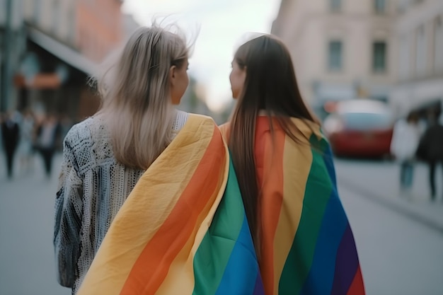 게이 프라이드 퍼레이드에 무지개 LGBT 깃발을 든 레즈비언 커플