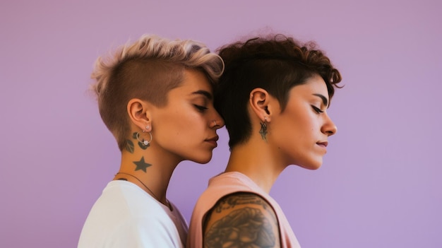 A lesbian duo their simple yet poignant tattoos telling their story isolated on a lavender background sharing a silent but powerful loving gaze