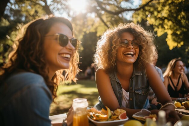 Lesbian friends laughing together during a generative ai