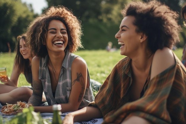 Lesbian friends laughing together during a generative ai