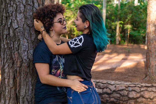 레즈비언 여자 친구는 공원에서 아름 다운 화창한 날에 커플.