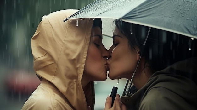 Lesbian kissing between two girls in a downpour generative ai