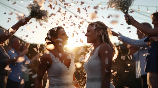 Foto lesbiche in abiti da cerimonia nuziale hanno lanciato i loro mazzi di fiori sulle spalle ai loro ospiti durante la festa autentica relazione lgbtq