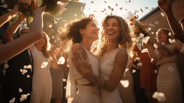 Photo lesbian in wedding ceremony dresses tossed their bouquets over their shoulders to their guests in the party authentic lgbtq relationship