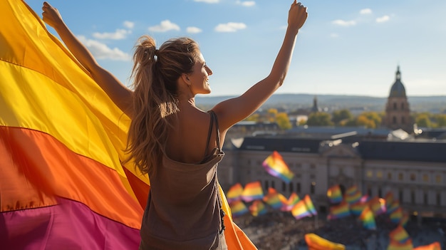 Lesbian woman on her back with a flag of the LGTBI community celebrating Gay Pride Day
