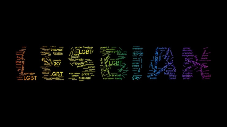Photo lesbian word made from tags cloud in lbgt rainbow colors on black background