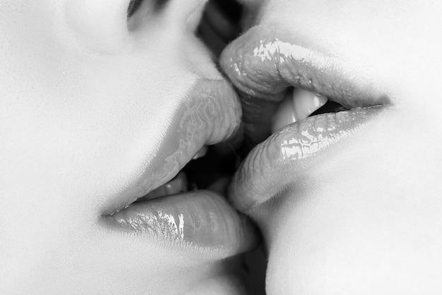 Lesbians tongue Female couple kiss Lesbian kisses Sensual female lips Oral pleasure Sexy touch close up