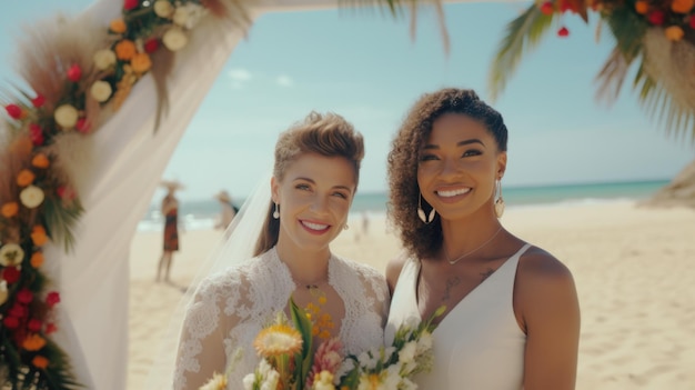 Foto lesbienne in trouwjurken voor ceremonie op buitenlocatie nabij zee onder bruiloftsbloemboog authentieke lgbtq-relatie