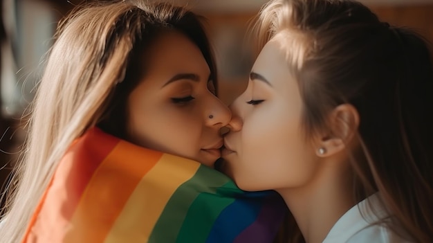 Lesbische Cople zoenen LGBT-vlagachtergrond Generatieve Ai