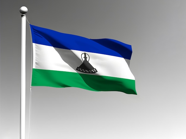 Lesotho national flag waving on gray background