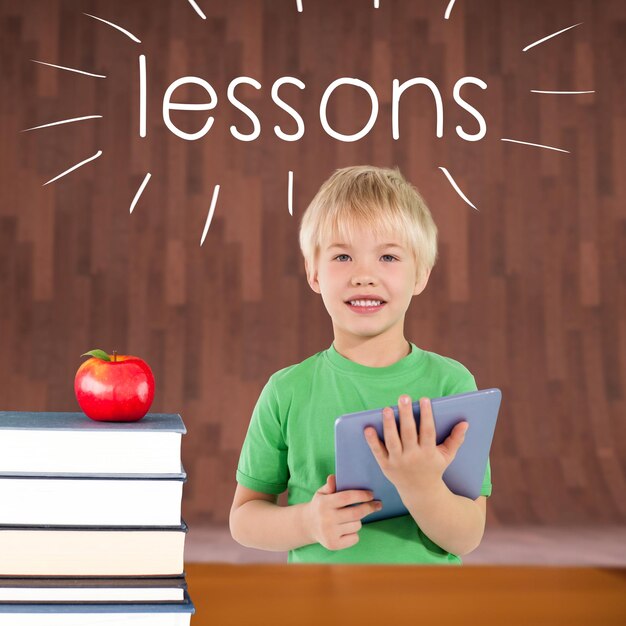 Photo lessons against red apple on pile of books