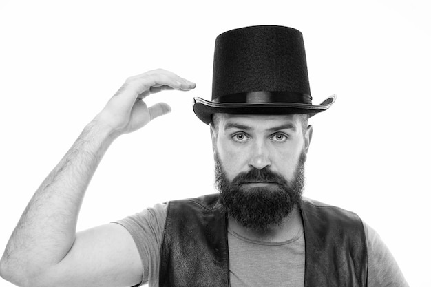 Foto lasciami mostrare un po' di magia cappello a cilindro hipster barbuto uomo concetto di performance illusionista mago stregone esibizione del genio operaio del circo performance di trucco magico del circo lascia che la performance abbia inizio