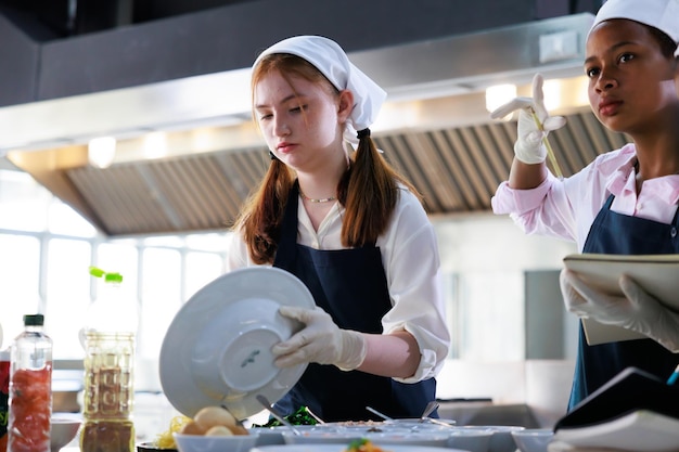 Let op boek kookles culinaire klas groep gelukkige jonge vrouw multi-etnische studenten richten zich op kooklessen in een kookschool