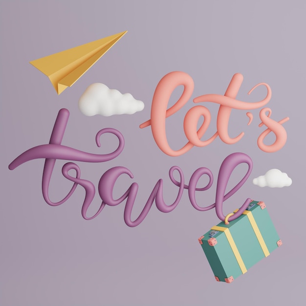 Photo let's travel 3d typography cute 3d illustration