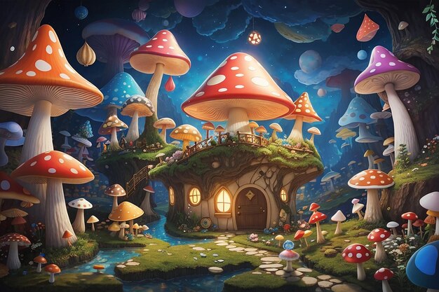 Photo let your imagination run wild in a whimsical mushroom wonderland where anything is possible and every scene is a new adventure depicted in a playful cartoon style