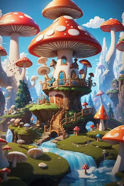 Let your imagination run wild in a whimsical mushroom wonderland where anything is possible and every scene is a new adventure depicted in a playful cartoon style