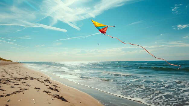 Let your imagination soar like this colorful kite dancing in the endless sky as the gentle waves embrace the sandy shore